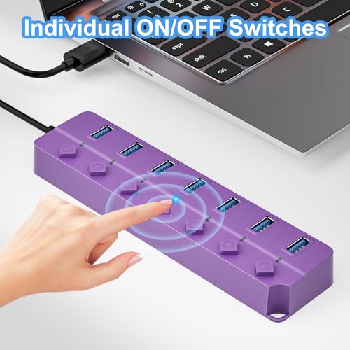 USB Hub 7 Port, USB Splitter with Individual On/Off Switches and Lights | USB 3.0 Hub with 3.3ft Cable, Extender for A Port Laptop, PC, Desktop-Purple - color: Purple