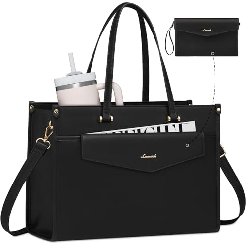LOVEVOOK Laptop Tote Bag Women 2-in-1 Work Purse Computer Briefcase Handbag | Envelope Wristlet Clutch, Professional Work Bag for Business Office Teacher College Commute, Large PU Leather Messenger Bag - color: Black, size: 17.3 inch