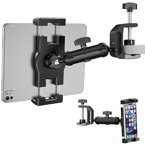 iPad Under Cabinet Mount, Kitchen Tablet Holder, iPad Desk Mount with Clamp | Heavy Duty Aluminum Base & Metal Arm, 360° Rotation, Compatible with 4.7"-12.9" iPad Pro/Air/Mini/Kindles/Galaxy Tab/Phones