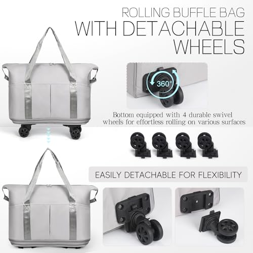 VOOWO Duffel Bag with Wheels - Rolling Foldable Expandable Duffle Bags with Wheel for Travel, Rolling Luggage Carry On Travel Bag, Large Wheeled Overnight Weekender Bag (Gray) - color: Gray