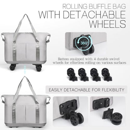 VOOWO Duffel Bag with Wheels - Rolling Foldable Expandable Duffle Bags with Wheel for Travel, Rolling Luggage Carry On Travel Bag, Large Wheeled Overnight Weekender Bag (Gray) - color: Gray