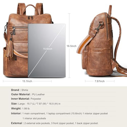 Shrrie 15.6 inch Laptop Backpack for Women,Large Leather Backpack Purse,Travel,Carry on,Water Resistant Casual Laptop Backpacks,College Backpack,Work Backpack for Women,Two-toned Brown - color: Two-toned Brown
