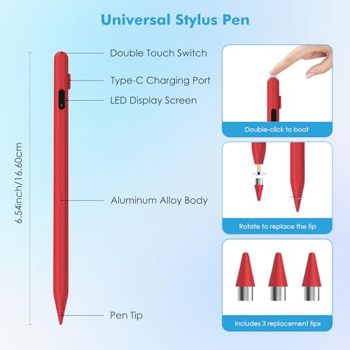 Moko Universal Capacitive Stylus Pencil for Touch Screen, Red | Fast Charging, Power Display, Compatible with Apple iPad/iPhone/Samsung/Lenovo, iOS Android Tablets & All Smartphones - color: Red