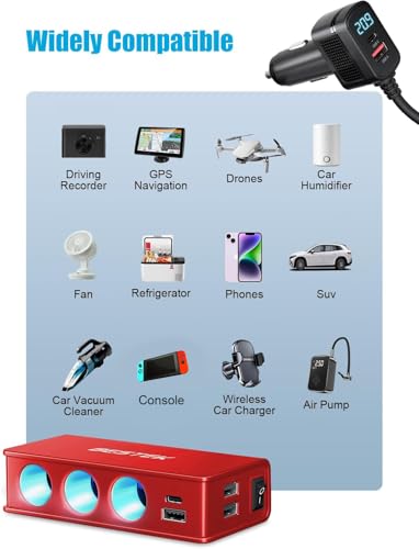 BESTEK 148W Cigarette Lighter Splitter 9 in 1 Cigarette Lighter Adapter with 3-Socket PD 30W and QC3.0 18W Charging Ports LED Display Super Fast Charger for Dash Cam, GPS, iPad/Laptop/Phone（Red） - color: Red