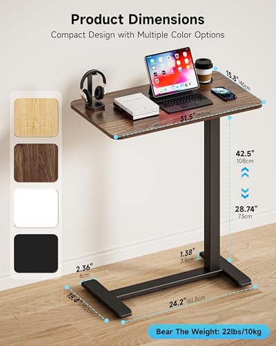 BIZUM Adjustable Bedside Table with Swivel Hidden Wheels Pneumatic Rolling Desk Mobile Standing Desk with Cup Holder for Hospital Home(31.5"x15.8" Walnut) - color: Walnut, size: 31.5"x15.8"