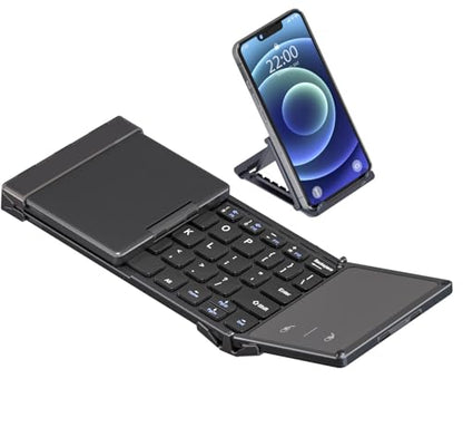 ROCK&ROWN Foldable Bluetooth Keyboard with Full-Size Touchpad,Portable Wireless Ultra Slim Pocket-Size Keyboard,USB-C Rechargeable for Android Windows iOS Tablet & Laptop - Black