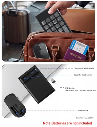 Wireless Number Pad and Mouse for Laptop, 19 Key USB Numeric Keypad Combo with Silent Mouse, 3 Adjustable DPI, 2.4GHz Ultra Slim Portable External Keypad for PC, Desktop, Notebook
