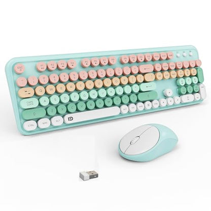 Pink Green Wireless Keyboard and Mouse Combo, Cute Pastel Bubble Keyboard with Round Keys, 2.4GHz Full Size Aesthetic Keyboard with Number Pad for Long Nails PC Laptop Desktop - color: Green Pink Wireless Keyboard Mouse