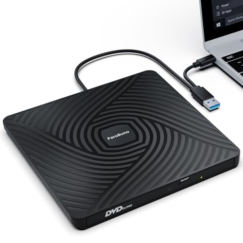 PeroBuno External CD DVD Drive, USB 3.0 Type-C Optical Drive, 0.5-inch Ultra-Slim Portable DVD CD ROM Disc Player Reader Writer Rewriter Burner Recorder for Laptop PC MacBook Windows Linux Mac OS - color: Black
