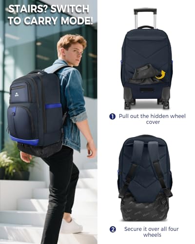 MATEIN Rolling Backpack 4 Wheels, Rolling Backpack with Shoulder Straps | 17 Inch Water Resistant Roller Laptop Bag Carryon Luggage, Lightweight Wheeled Travel Daypack for Business Adults Men