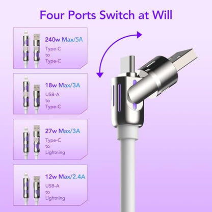 MFish 240W 4-in-1 Charging Cable with Carrying Case, 6.6FT Fast Charger USB-A & USB-C to USB-C/Lightning, for iPhone 17/16/15/14, MacBook, iPad, Samsung S25/S24 (White, 6.6Ft) - color: White, size: 6.6Ft