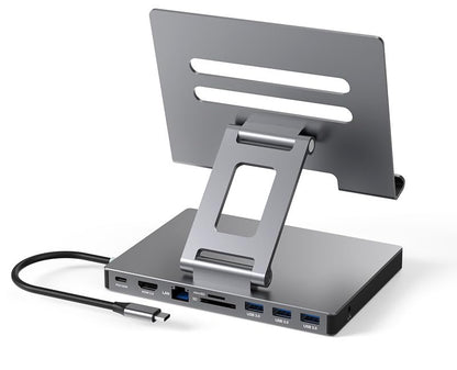iPad USB C Hub Stand, 9-in-1 Multiport Adapter for iPad Pro M4 M3 M2 13 12.9 11 Inch Docking Station Foldable with 4K60Hz HDMI, RJ45 Gigabit Ethernet, SD/TF Card Reader, USB 3.0, 3.5 mm Audio