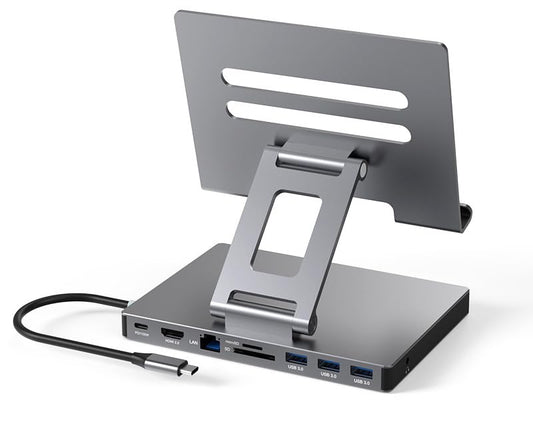 iPad USB C Hub Stand, 9-in-1 Multiport Adapter for iPad Pro M4 M3 M2 13 12.9 11 Inch Docking Station Foldable with 4K60Hz HDMI, RJ45 Gigabit Ethernet, SD/TF Card Reader, USB 3.0, 3.5 mm Audio