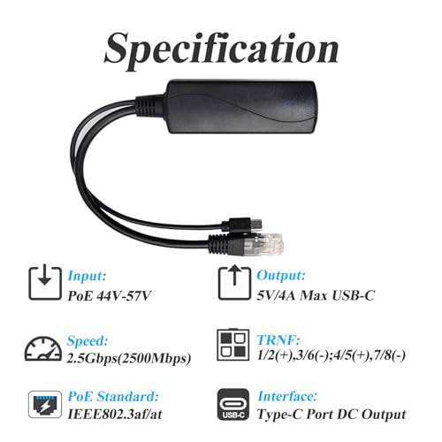 2.5G Type C PoE Splitter 5V/4A, 48V PoE to USB-C 5V/4A 20W Output, 2.5Gbps Ethernet Comply IEEE802.3af/at, Plug and Play for Smart Home/Pi 4B/4B+ (TYPEC0504G) - style: TYPEC0504G-X TYPE-C 5V/4A
