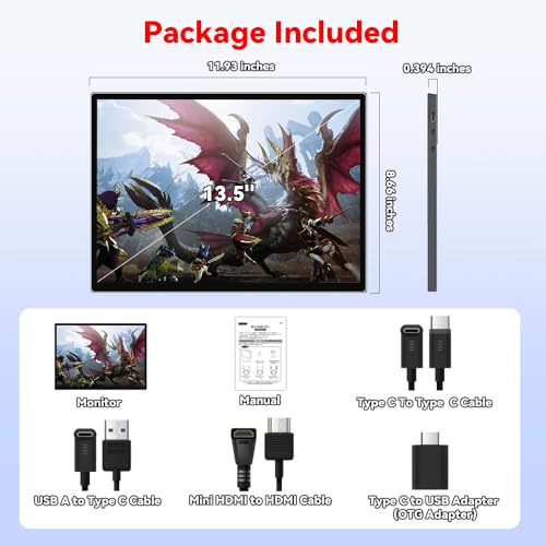 S135 13.5 Inches Portable Monitor for Switch/Switch 2 Laptop | 2256*1504P Travel Mini Monitor IPS Display 100% sRGB Built-in Speakers Mini HDMI for PC Desktops Office Xbox PS4/5 Console - size: 13.5"