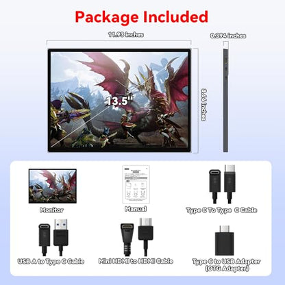 S135 13.5 Inches Portable Monitor for Switch/Switch 2 Laptop | 2256*1504P Travel Mini Monitor IPS Display 100% sRGB Built-in Speakers Mini HDMI for PC Desktops Office Xbox PS4/5 Console - size: 13.5"