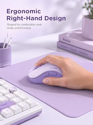 RAPIQUE Bluetooth Wireless Mouse, Dual Bluetooth & 2.4GHz USB Receiver, Right-Hand Design, Quiet Clicks, Low Power, Portable Multi-Device Compatibility for MacBook, Laptop, Computer, iPad, PC - Purple - color: Lavender Purple