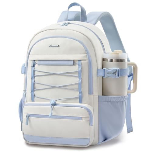 LOVEVOOK School Backpack for Teen Girls, Large Capacity College Bookbag with Water Bottle Holder, Cute Laptop Backpack Purse for Women, Lightweight Daily Backpack, Gift for Her, Off White-Sky Blue - color: Off White-sky Blue, size: 15.6inch
