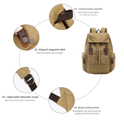 Retro Canvas & Leather Laptop Backpack, 15.6 Inch Durable Unisex Bag for Hiking, Work & Travel, Water Resistant Daypack - color: Khaki