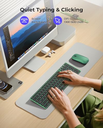 seenda SKM64-2 Bluetooth Wireless Keyboard Mouse Combo for Mac MacBook iPad | Triple Bluetooth for 3-Device Switching, Silent, Rechargeable, Compact Slim Combo for MacBook Pro/Air iPhone, Black Green - color: Black Green
