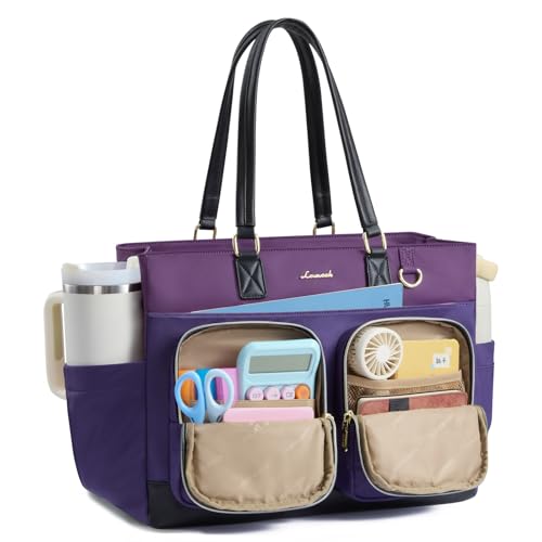 LOVEVOOK Laptop Work Tote Bag for Women with 40oz Cup Holder and Pockets | 40oz Large Cup Holder,Teacher Tote Bag with Laptop Compartment,Zippered Nurse bag for Work or Travel - color: Purple, size: 15.6 inch