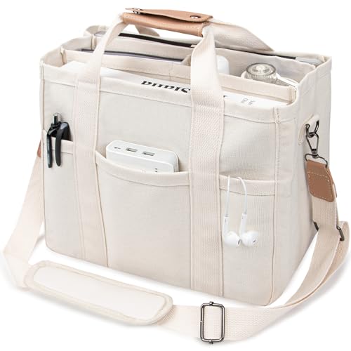 Canvas Tote Bag with Multi-Pocket for Women Large Crossbody Shoulder Handbag Everything Tote Bag with Compartments - color: Beige, size: X-Large