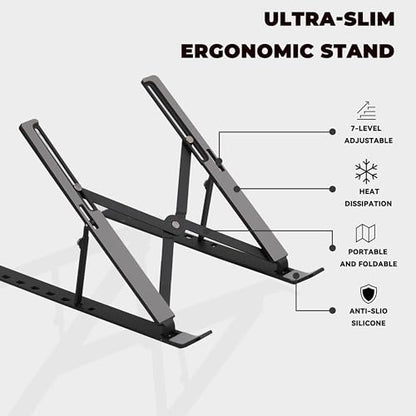 Adjustable Laptop Stand for Desk, Metal Foldable Laptop Riser Holder, Portable Desktop Book Stands, Ventilated Cooling Computer Notebook Stand Compatible with 10-17” Laptops - color: Black