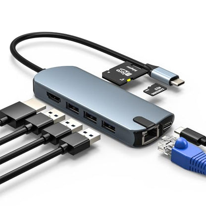 USB C Hub 8-in-1 Ethernet 4K HDMI Adapter for Laptops | 4K@60Hz HDMI, 100W PD, 3x USB 3.0, 1Gbps Ethernet, SD/TF Reader, for Mac/iPad/PC