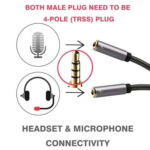 DUKABEL Long Headphone Splitter (4ft / 1.2m) Shielded 4-Pole TRRS 3.5 Y Splitter Cable 2-Way Female to Male Headphone Adapter Stereo Audio/Crystal-Nylon Braided / 24K Gold Plated / 99.99% 4N OFC - size: 48inch / 120cm