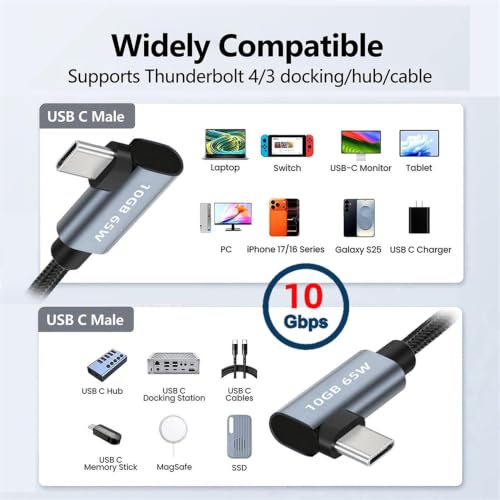 cablecc USB-C Type-C 10Gbps Male to Male Dual Right Angled 4K Video PD 65W Power Cable 90 Degree 200CM - style: Dual Right Angled 2M