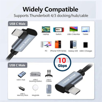 cablecc USB-C Type-C 10Gbps Male to Male Dual Right Angled 4K Video PD 65W Power Cable 90 Degree 20CM - style: Dual Right Angled 20cm