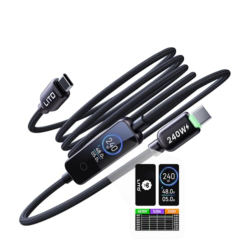 LITO 240W USB C to USB C Cable with TFT Touch Screen，PD 3.1 Fast Charge，4FT | TFT Power Meter, Smart LED Indicator, E-Marker, Premium Braided Nylon, for iPhone 17 16 15, MacBook, Laptop, Tablet