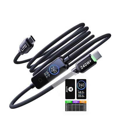 LITO 240W USB C to USB C Cable with TFT Touch Screen，PD 3.1 Fast Charge，4FT | TFT Power Meter, Smart LED Indicator, E-Marker, Premium Braided Nylon, for iPhone 17 16 15, MacBook, Laptop, Tablet