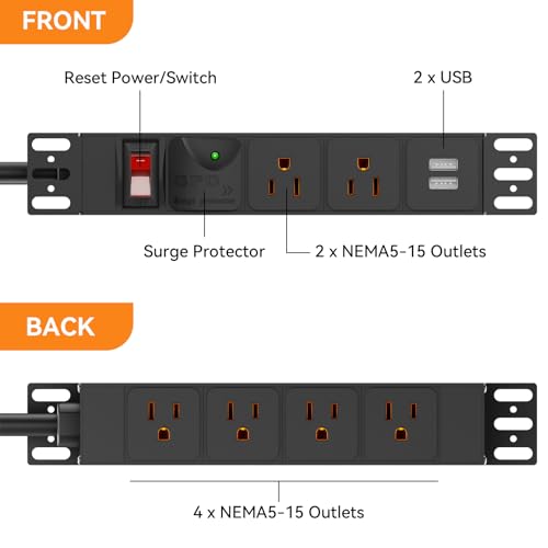 10 inch Rack PDU, 1U 6 Outlets(2 in Front, 4 in Back) Surge Protected,14AWG | 6ft Cable,1020J,15A Overload Switch & 2 USB-A, Rack Mount Power Strips for 10'' Mini Server Network Cabinets/Rack/Self