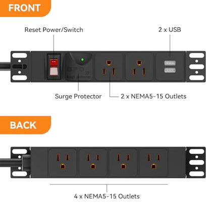 10 inch Rack PDU, 1U 6 Outlets(2 in Front, 4 in Back) Surge Protected,14AWG | 6ft Cable,1020J,15A Overload Switch & 2 USB-A, Rack Mount Power Strips for 10'' Mini Server Network Cabinets/Rack/Self