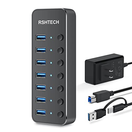 RSHTECH Powered USB Hub, USB-C/A to 7 Ports USB 3.0 Data Hub, RSH-ST07 | Aluminum USB Splitter with 2-in-1 USB A/C Cable,5V/3A Power Adapter and Individual Switches, USB Port Expander for Laptop PC - size: 7-PortUSB 3.0/USB C Hub