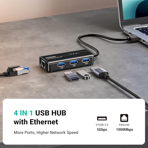 UGREEN USB 3.0 Hub Ethernet Adapter, with 3 USB 3.0 Ports Hub 1000Mbps | Gigabit Network Converter Compatible with Laptop PC MacBook Mac mini Surface XPS Windows Linux macOS, and More