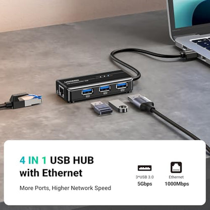 UGREEN USB 3.0 Hub Ethernet Adapter, with 3 USB 3.0 Ports Hub 1000Mbps | Gigabit Network Converter Compatible with Laptop PC MacBook Mac mini Surface XPS Windows Linux macOS, and More