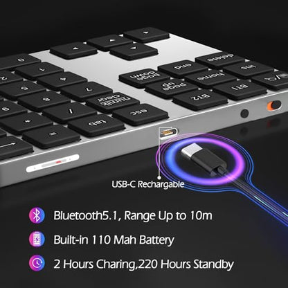 Foloda Bluetooth Number Keypad, Wireless 10 Keys Number Pad for Laptop, 34 Keys Rechargeable Numeric Numpad Key Pad Extensions Keyboard for Chromebook Notebook MacBook - color: Silver Grey