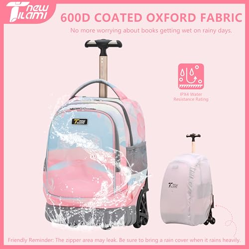 NEW TILAMI 16 Inch Rolling Backpack with Lunch Bag for Girls Boys School | 6-Wheel Stair-Climbing Girls Boys Carry-on Suitcase Water-Resistant Adjustable Trolley Handle Wheels School Travel Camping - color: Pastel Pink - Blue