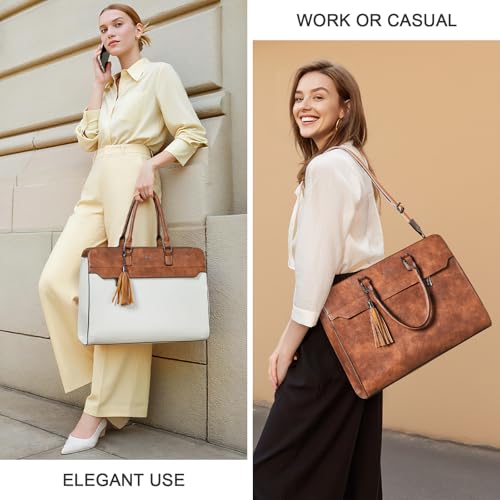 15.6 Inch Laptop Tote Bag with Clutch Purse for Women | Water-Resistant Vegan Leather Computer Briefcase with Satchel Purse,Professional Business Tote,Casual Handbag,Work Office - color: Two-toned Brown
