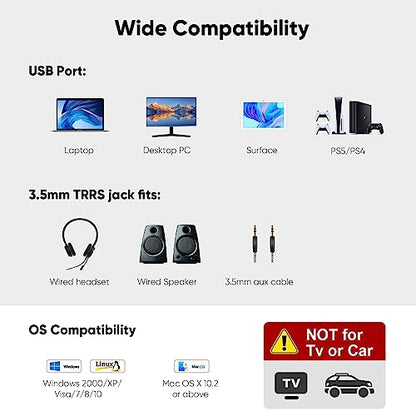 CableCreation USB Audio Adapter,External Sound Card with 3.5mm Jack and Mic | USB Stereo Adapter with 3.5mm Headphone and Microphone Jack for Windows, Mac, Linux, PC, PS4, Laptops, Plug and Play, White - color: White, size: 1-Pack