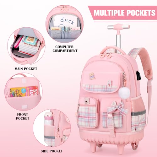 ACESAK Rolling Backpack for Girls - Roller Wheels School bag with Lunch Bag & Pencil Pouch for Teen Girls Kids Wheeled Suitcase Backpacks, Elementary Middle School Travel Daypack (Pink) - color: Pink