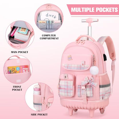 ACESAK Rolling Backpack for Girls - Roller Wheels School bag with Lunch Bag & Pencil Pouch for Teen Girls Kids Wheeled Suitcase Backpacks, Elementary Middle School Travel Daypack (Pink) - color: Pink