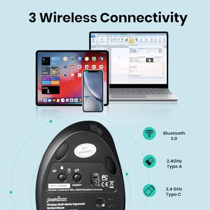 Perixx PERIMICE-819B Bluetooth Portable Vertical Mouse - Wireless 3-in-1 Multi-Device Spec - Silent-Click - Portable Compact Size - Black - Right Handed - style: Rechargeable 3-in-1