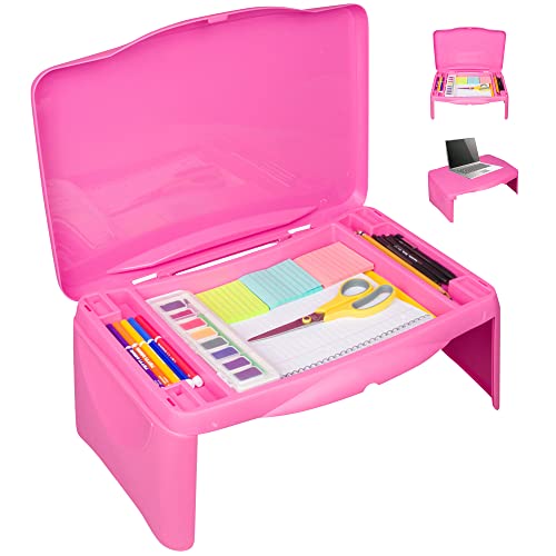 Pink Folding Lap Desk - Foldable Table for Work, Study, Gaming, Arts, Crafts, School - Collapsible Laptop Tray with Storage Compartment - Portable Writing Station for Kids, Adults - color: Pink