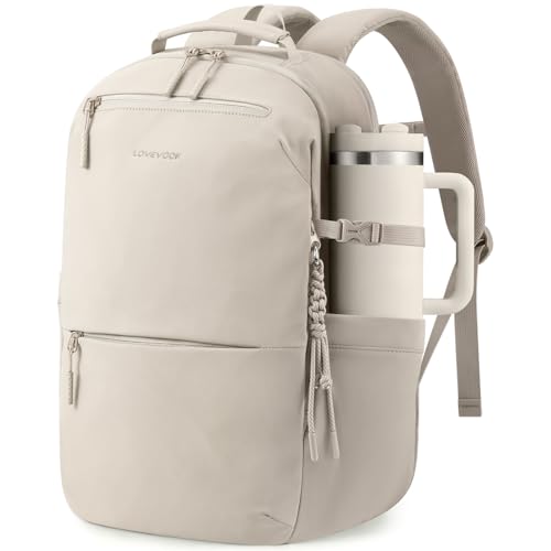 LOVEVOOK Laptop Backpack for Women with Giant Tumbler Holder - 15.6Inch Work Computer Travel Backpack with Laptop Compartment, Water Resistant, Cute Commuter College Teacher Nurse Purse Bag, Khaki - color: Light Khaki Color, size: 15.6 Inch