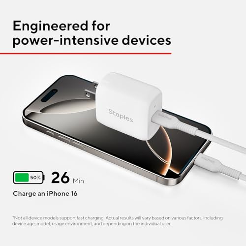 Staples TECH GaN USB-C Wall Charger with Cable, 30W, White, Fast Charging Power Adapter for Phones/Tablets - style: 30 Watt