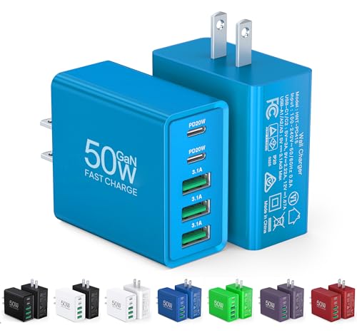 [2-Pack] USB C Wall Charger, 50W USB C Charger Block 5-Port PD Fast Charging Blocks,2USB C+3USB A Multiport Plug,Type C Power Adapter Brick Cube for iPhone17/16/15/14/Pro,iPad,Samsung,for Switch（Blue） - color: Blue