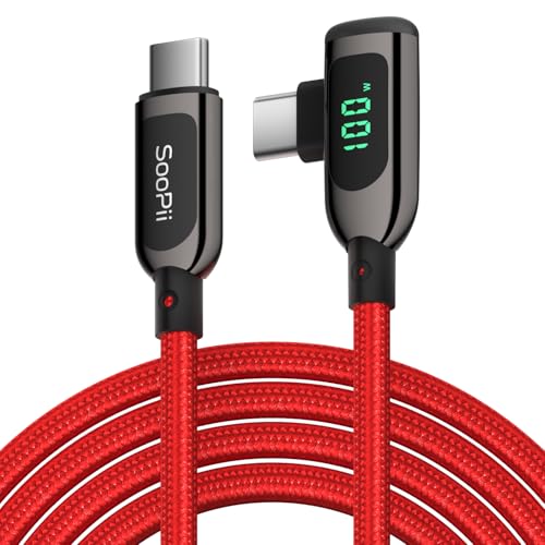 SOOPII 100W Right Angle USB C to USB C Cable,10FT Zinc Alloy Case Nylon Braided Type-C Cable with LED Display for lphone 17/16, lPad Air/Pro,MacBook Pro,Samsung S23/S22/S11,Pixel,LG,Red - color: Red, size: 10 ft